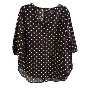 NWT Ravel Black White Blouse Sz. L Linen Blend Polka Dot Womens Button Down Back